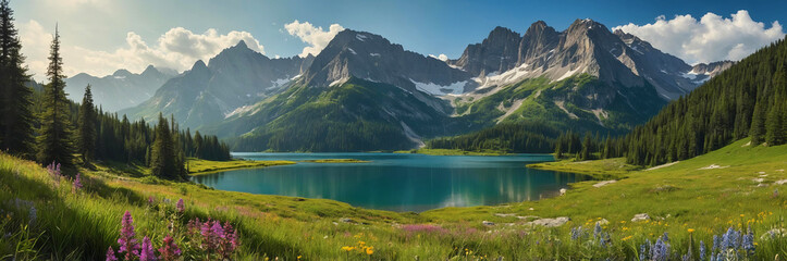 Tranquil mountain landscape with serene lake, lush green grass, wildflowers, towering peaks, vibrant blue sky, fluffy white clouds. World Tourism Day banner