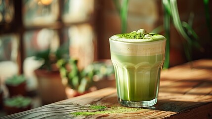 Delicious matcha latte. Iced matcha latte, authentic Japanese matcha latte made from Uji tea