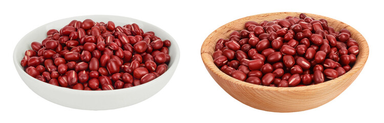 Wall Mural - Red adzuki beans in ceramic and wooden bowl isolated on white background