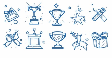 Wall Mural - Hand drawn doodle trophy set with champion medal, trophies, and certificates. Set of hand drawn doodle elements representing success, success, and victory.