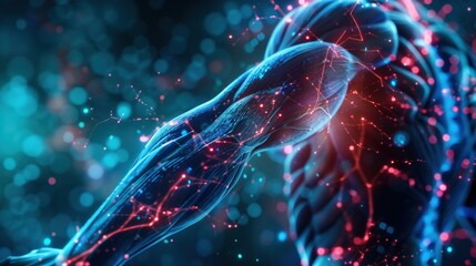 Poster - A close up of a human arm with red and blue lines. The image is a representation of the human body and its muscles. The colors and lines give the impression of a futuristic or sci-fi style