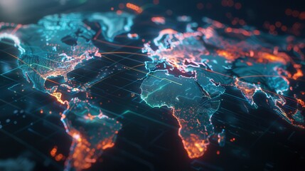 Poster - A computer generated image of the world with a blue and orange color scheme. The image is of a globe with a grid of lines and dots on it