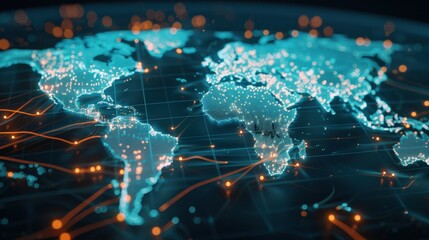 Poster - A computer generated image of the world with a blue and orange color scheme. The image is of a globe with a grid of lines and dots on it