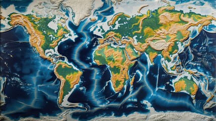 a large map of the world with mountains and oceans. the map is very detailed and shows the different