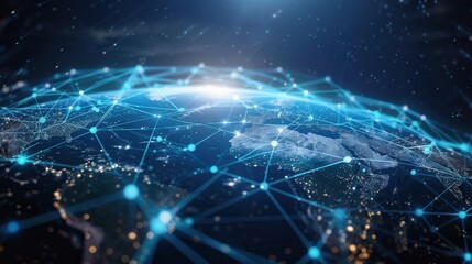 Poster - A blue and white image of the earth with a network of lines connecting the continents. Concept of interconnectedness and the vastness of the world