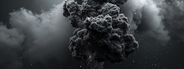 Black smoke explosion on white background, 3d rendering illustration of an exploding cloud with black particles and sparks flying everywhere, dynamic explosion effect, cloud of smoke