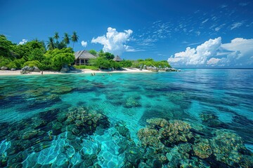 Wall Mural - A tropical island with white sandy beaches, crystal-clear water, and colorful coral reefs visible through the water.