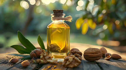 Wall Mural - Glass Bottle of Walnut Oil Surrounded by Walnuts and Almonds