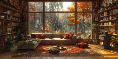 Wall Mural - Cozy cabin interior for National Cozy Cabin Day, November 10th, warm ambiance, autumn decor, inviting space