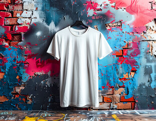 Mock up white t-shirt hangs on a black hanger against a backdrop of weathered brick and colorful graffiti. For design or customization. Copy space.