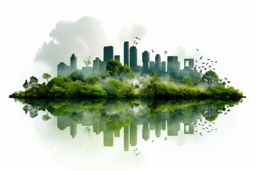 the image shows a green city with skyscrapers and trees reflecting in the water. the city is surroun