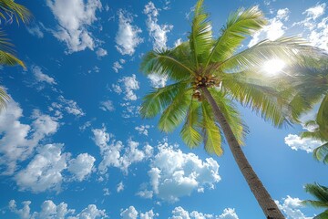 Wall Mural - A tropical scene with a coconut palm tree and a bunch of coconuts hanging high above. 