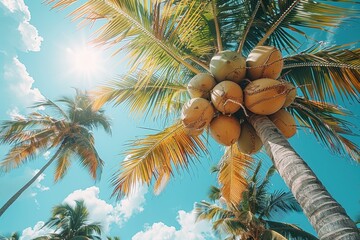 Wall Mural - A tropical scene with a coconut palm tree and a bunch of coconuts hanging high above. 