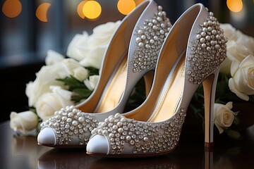 Canvas Print - Client Search Elegant Shoe for Wedding: Lace, Pearls and Sparkling Broocha., generative IA