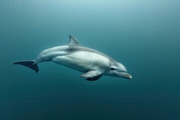 Wall Mural - A Vaquita dolphin swimming gracefully in clear blue waters, its small, rounded body and distinctive dark patches around its eyes visible. 