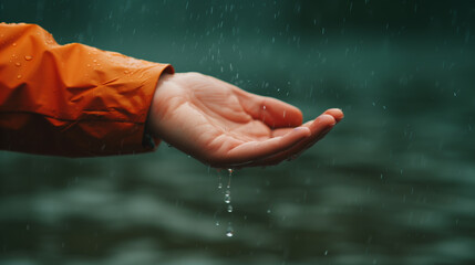 hand catching a water droplet orange coat rain background