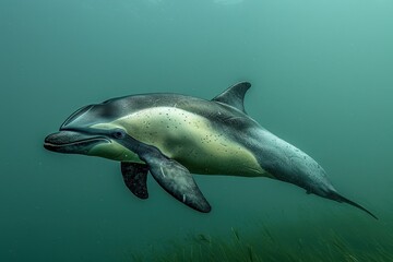 Wall Mural - A Vaquita dolphin swimming gracefully in clear blue waters, its small, rounded body and distinctive dark patches around its eyes visible. 