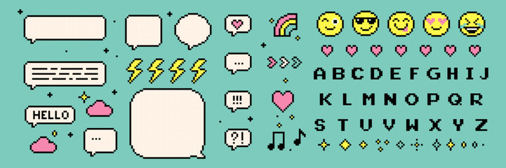 Poster - pixelated speech bubbles. pixel game font. pixels elements set. rainbow, smile, heart. mood of 90's 