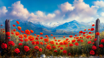 red poppy flowers in romantic nature landscape with sky