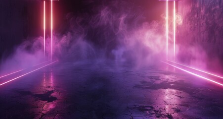 Poster - Pink Neon Lights Illuminate Foggy Concrete Floor