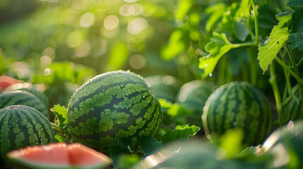 Sticker - Watermelon on the green watermelon plantation in summer. Agricultural watermelon field.