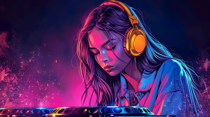 Young dj wearing headphones is mixing music on a digital console in a nightclub setting