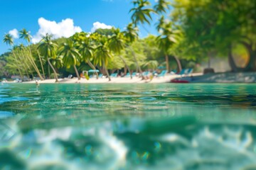 Sticker - a beach with a bunch of palm trees and a beach chair