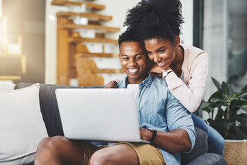 Poster - Black couple, hug and smile with laptop in home for remote work, subscription and scrolling social media on sofa. People, embrace and technology in living room for online browsing and watching movie