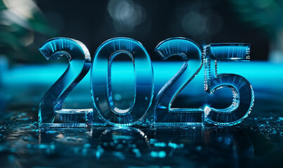 futuristic glass new year numerals 2025 with a neon blue glow and bokeh background