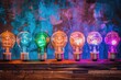 © Konstiantyn Zapylaie - Seven light bulbs, each glowing with a different color, sit on a weathered wooden surface. The bulbs are arranged in a row, creating a visual representation of a spectrum of ideas