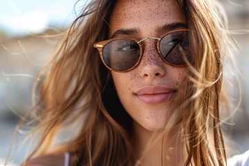 Wall Mural - A young woman with long, brown hair and freckles smiles softly as the wind tousles her hair