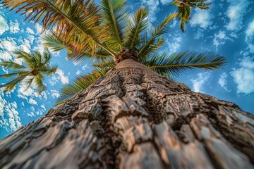 Poster - A palm tree stands tall against a bright blue sky, perfect for use as a symbol of relaxation or tropical scenery