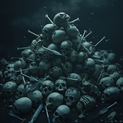 Sticker - a pile of skulls and swords on a black background