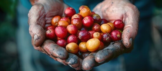 Sticker - Close-Up of Hands Holding Ripe Coffee Beans