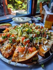 Poster - a plate of nachos with a beer and a glass of beer