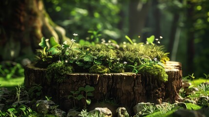 Poster - a tree stump with a bunch of plants growing on it