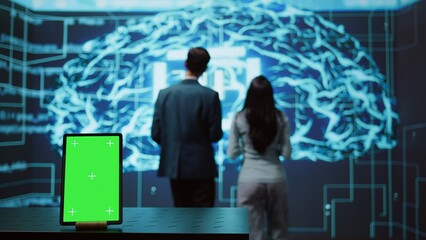 Poster - engineers use green screen tablet and ai neural networks modeled after human brain to solve complex 