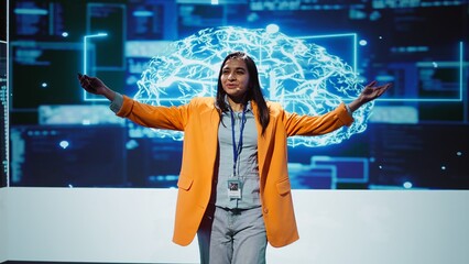 Poster - Speaker talking with world leading technology experts and innovators meeting at event to do deep dive into artificial intelligence technology. Expert showcasing latest innovations in AI, camera B