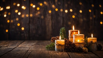 Wall Mural - christmas candles glowing bokeh lights with rustic wood boards background