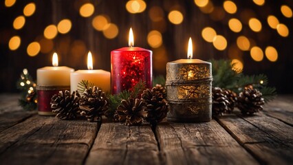 Wall Mural - christmas candles glowing bokeh lights with rustic wood boards background