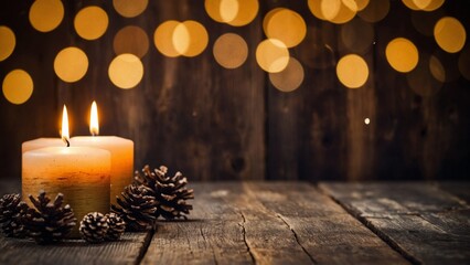 Wall Mural - christmas candles glowing bokeh lights with rustic wood boards background