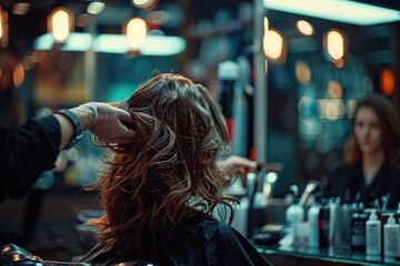 Poster - A woman sitting in a salon chair having her hair cut by a stylist