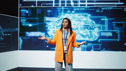 Poster - Lively speaker talks at AI event gathering tech startups managers, investors and academics. Expert hosts sessions geared towards helping IT business leaders tap into artificial intelligence, camera B