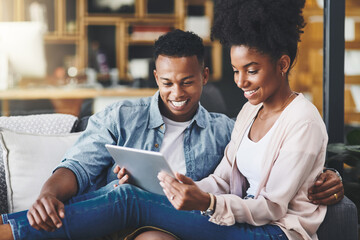 Poster - Black couple, portrait and smile with tablet in home for digital app, reading email or social media scroll on sofa. People, happy and technology in living room for online browsing and watching movie