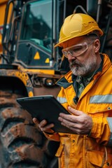Poster - A construction worker uses a tablet on a building site, possibly checking plans or making notes