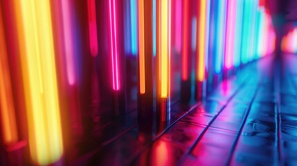 Poster - A dark room with a long line of neon lights, perfect for use in designs about technology, urban landscapes or modern lifestyles
