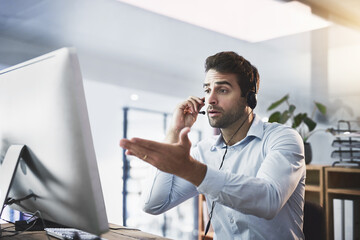 Aufkleber - Call center, customer support and man on computer for consulting, help and contact in office. Corporate, telemarketing and frustrated person with stress for crisis, CRM service and communication