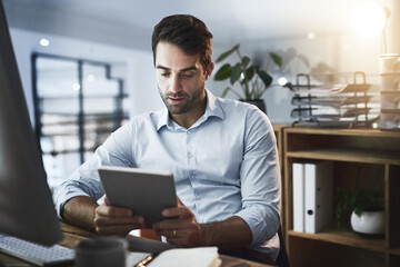 Leinwandbilder - Web designer, tablet and night with desk, research and overtime work and website project. Businessman, technology and creative for vision, cloud computing and b2b networking for online communication