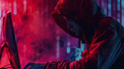A hooded person works on a computer, deeply immersed in coding, with a dynamic, colorful cyber background that reflects focus and determination in a modern tech environment.