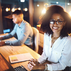 Poster - Late, portrait and woman with laptop in office for project information, review or IT research. People, developer and smile with tech at desk for software development, deadline or open source planning